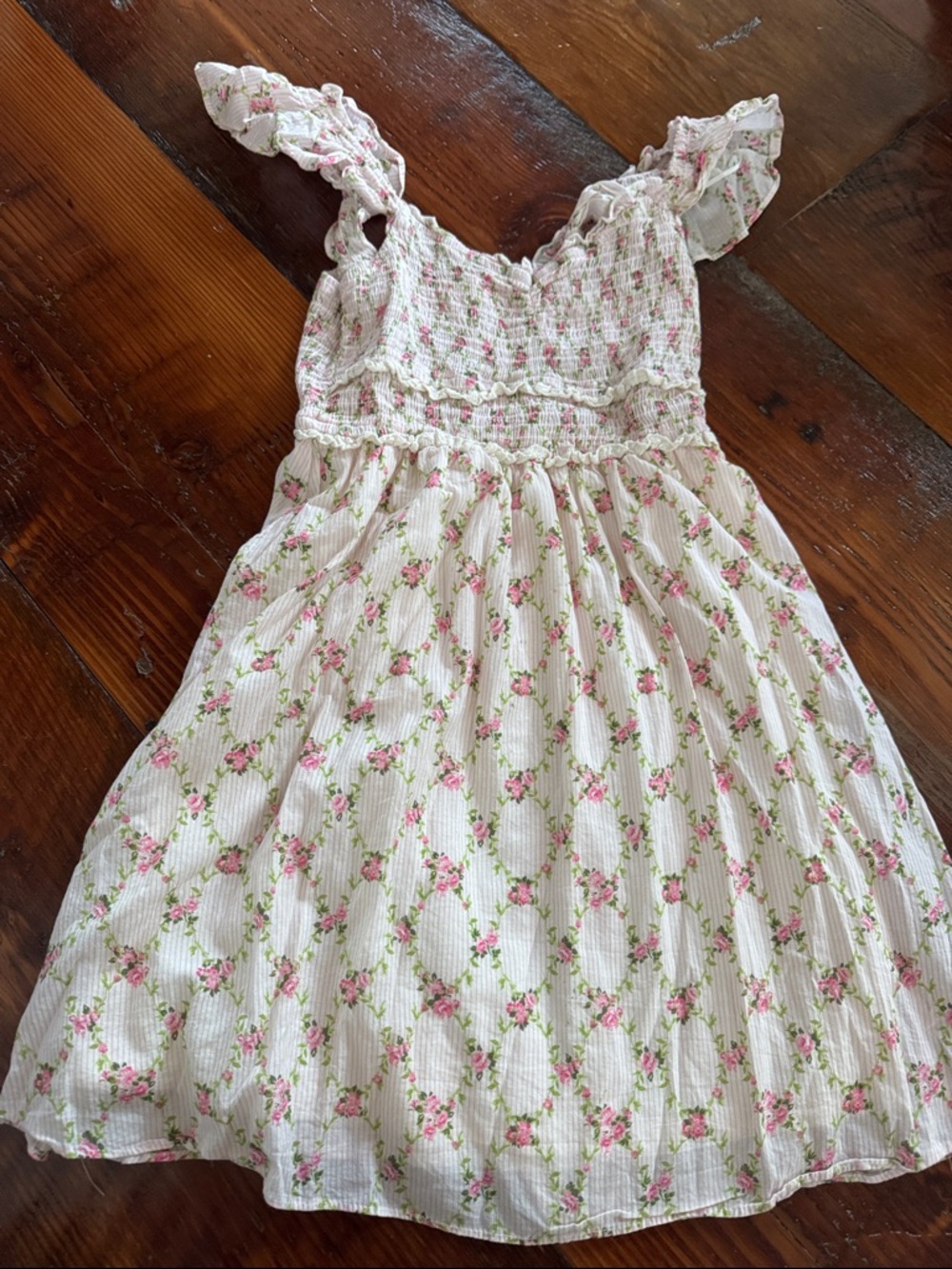 Smocked White Mini Dress with Pink Floral Print